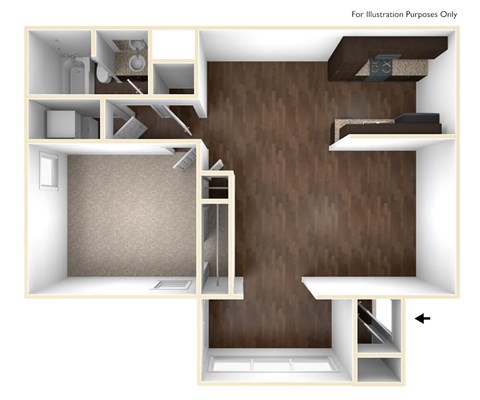 Floor plan for 1 bed, 1 bath, 840 sqft